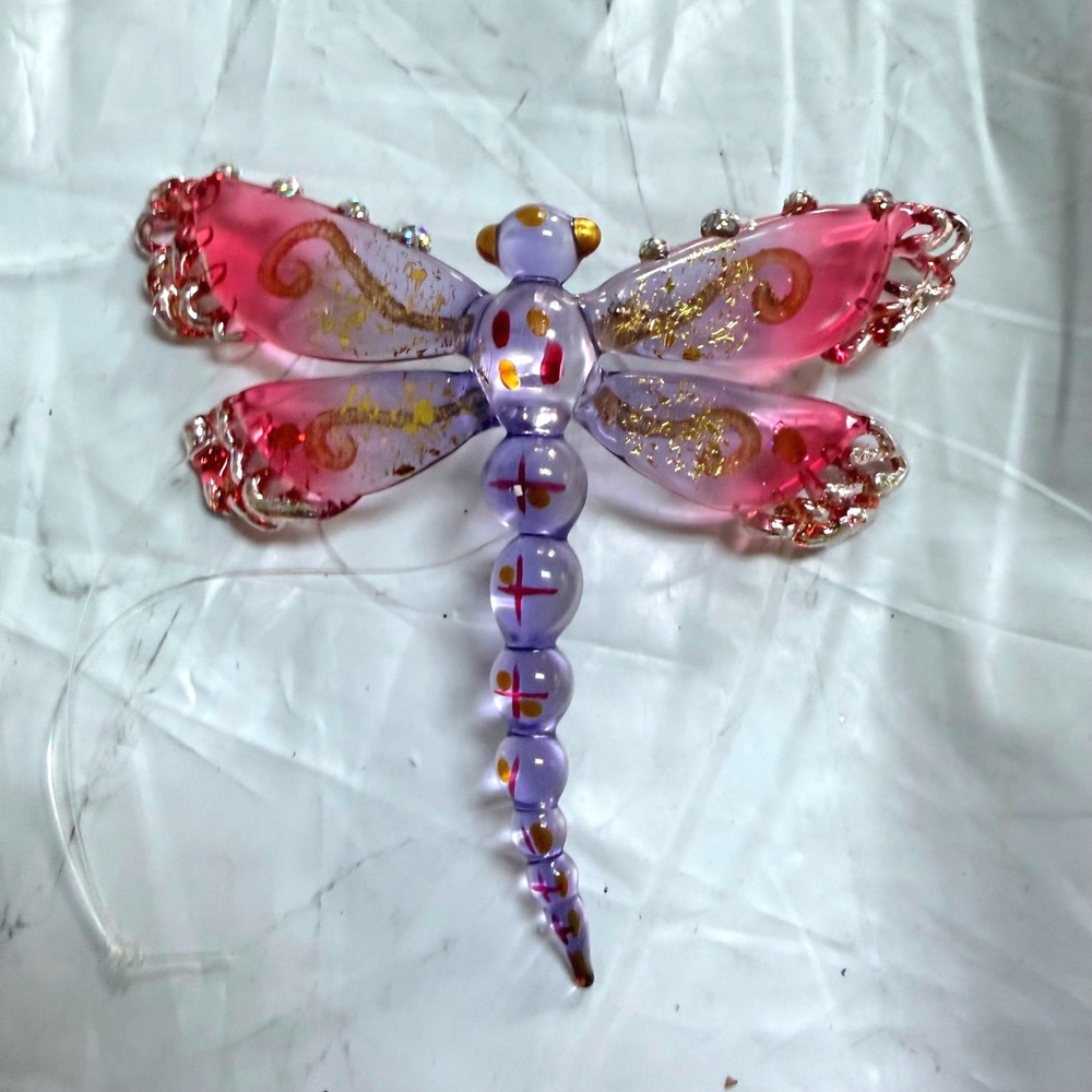 Purple Pink Glass Dragonfly Ornament Gold Foil Rhinestone Suncatcher Whimsical